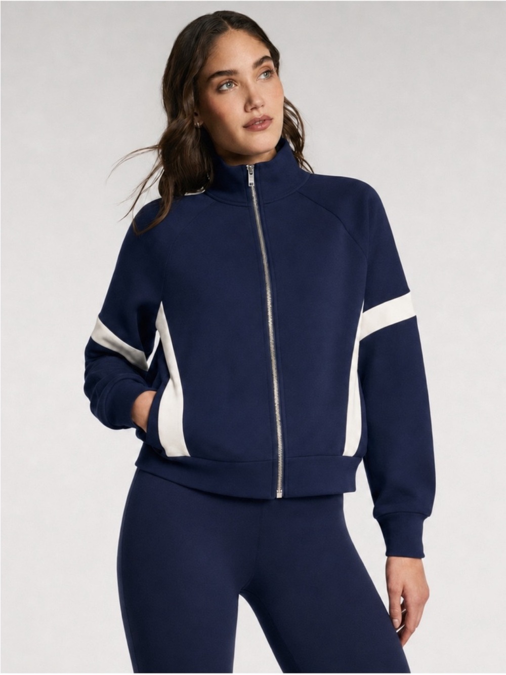 NWT SPANX Womens L Timeless Navy Air Essentials Track Jacket Full Zip Athleisure